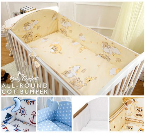 6 Piece Baby Nursery Cot Bed Long All Round Bumper Bedding Set + Jersey Sheet - babycomfort.co.uk