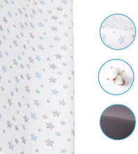 Load image into Gallery viewer, 2 Piece 100% Cotton Jersey Covers for Baby Changing Mats 80x50 &amp; 70x50 cm Nappy Changers with Raised Edges (Blue Stars + Dark Grey) - babycomfort.co.uk