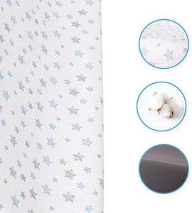 2 Piece 100% Cotton Jersey Covers for Baby Changing Mats 80x50 & 70x50 cm Nappy Changers with Raised Edges (Blue Stars + Dark Grey) - babycomfort.co.uk