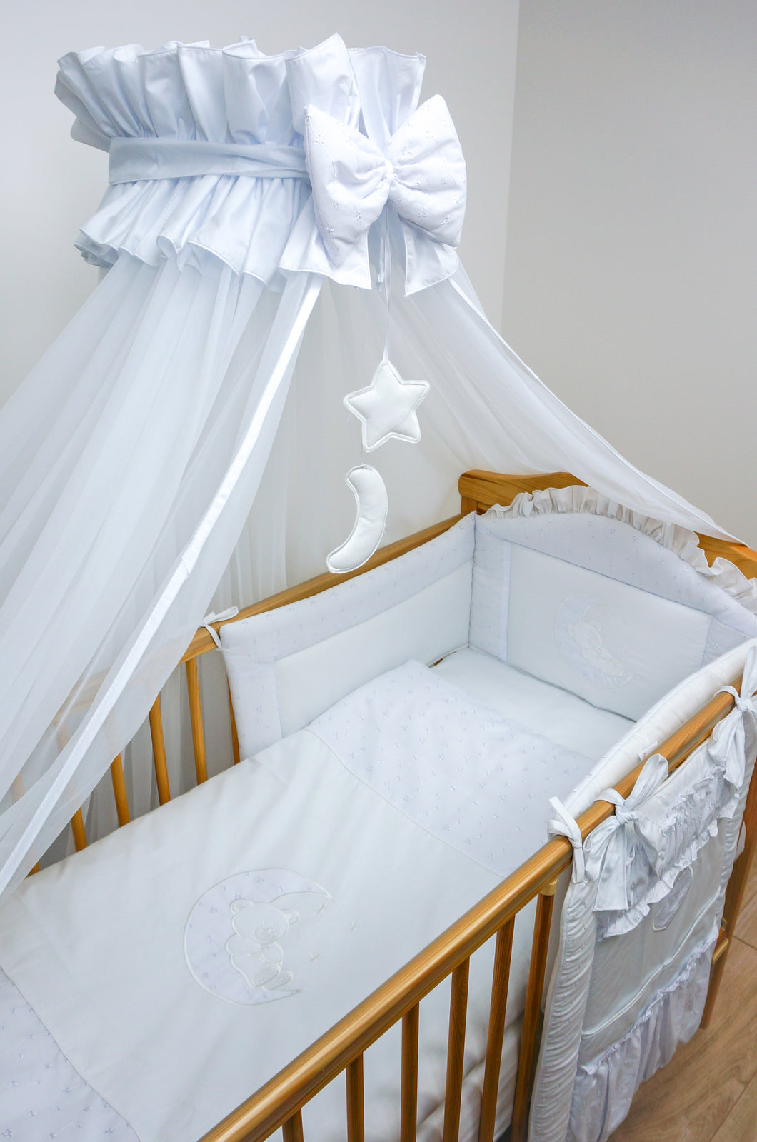 11 Pcs Embroidered Baby Canopy Bedding Set For Cot/ Cot Bed - Bear & Moon - babycomfort.co.uk