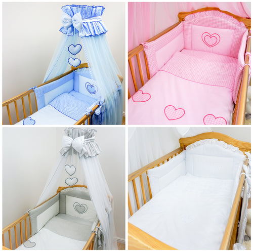 7 Piece Embroidered Baby Canopy Bedding Set For Cot / Cot Bed - Hearts - babycomfort.co.uk