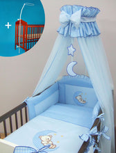 Load image into Gallery viewer, BABY CANOPY /DRAPE 480cm WIDTH + HOLDER Fits COT BED - BLUE CHECK STAR - babycomfort.co.uk