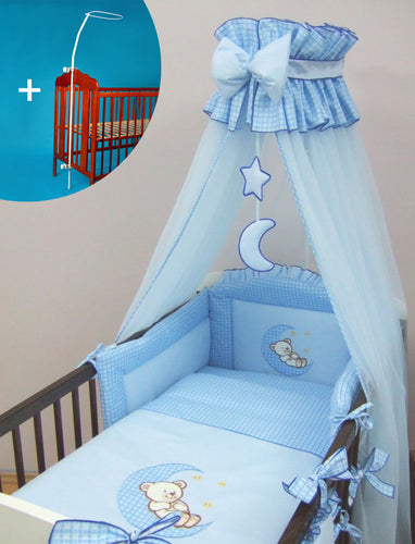 BABY CANOPY /DRAPE 480cm WIDTH + HOLDER Fits COT BED - BLUE CHECK STAR - babycomfort.co.uk